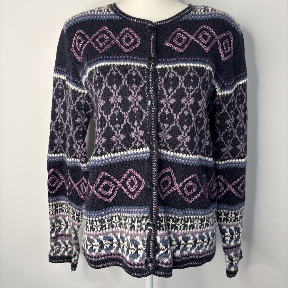 Vtg Christopher & Banks Hand Embroidered Womens Small Cardigan Sweater Fair Isle